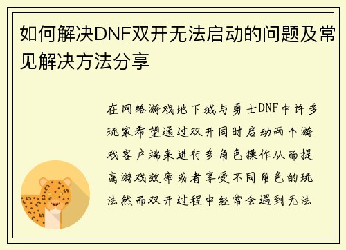 如何解决DNF双开无法启动的问题及常见解决方法分享
